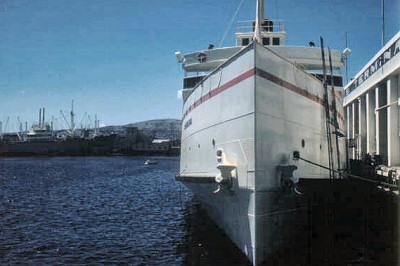 Photo of bow view of SS Catalina at dock